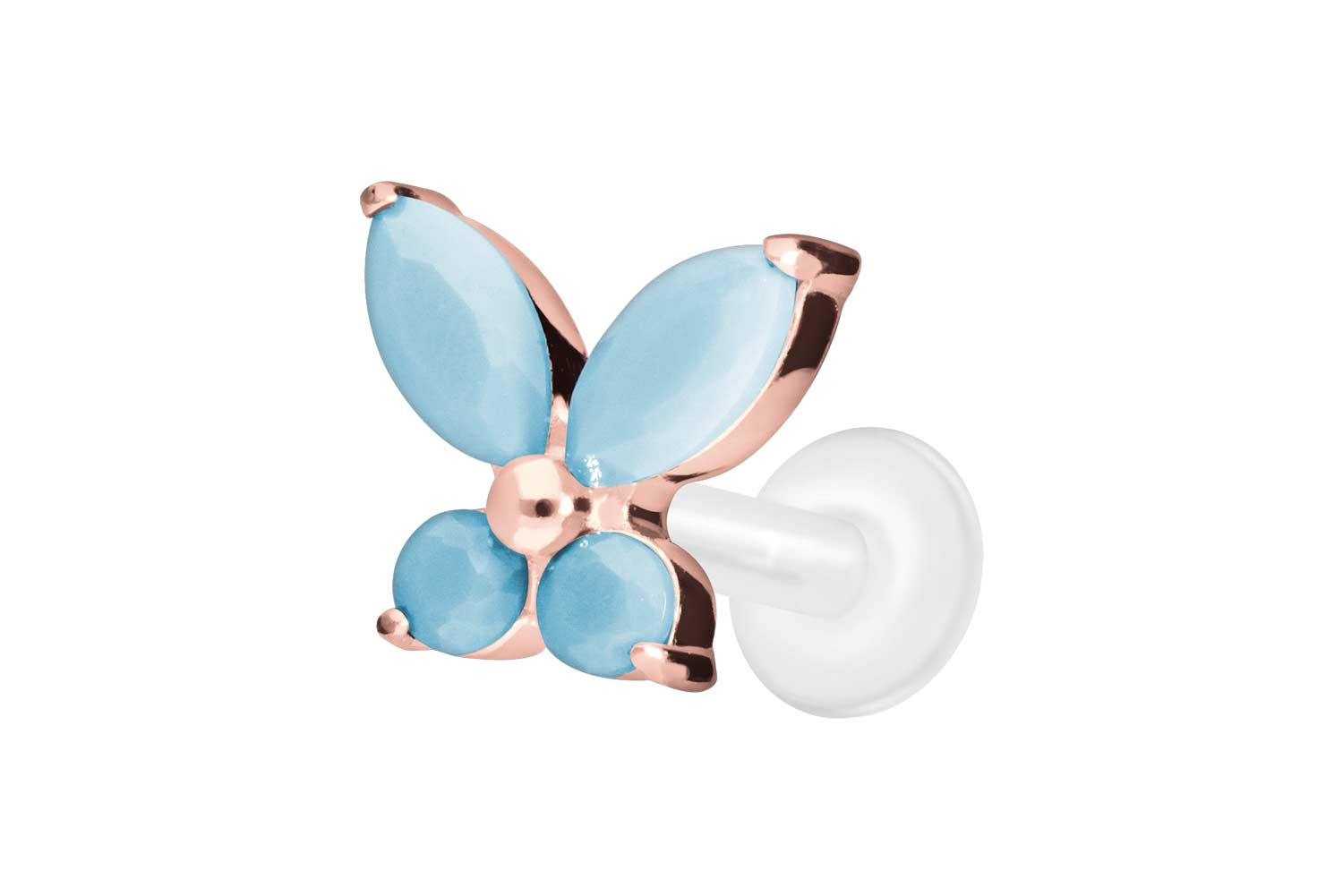PTFE Labret Piercing mit Innengewinde + Titan-Aufsatz SCHMETTERLING+SYNTHETISCHE TÜRKISE